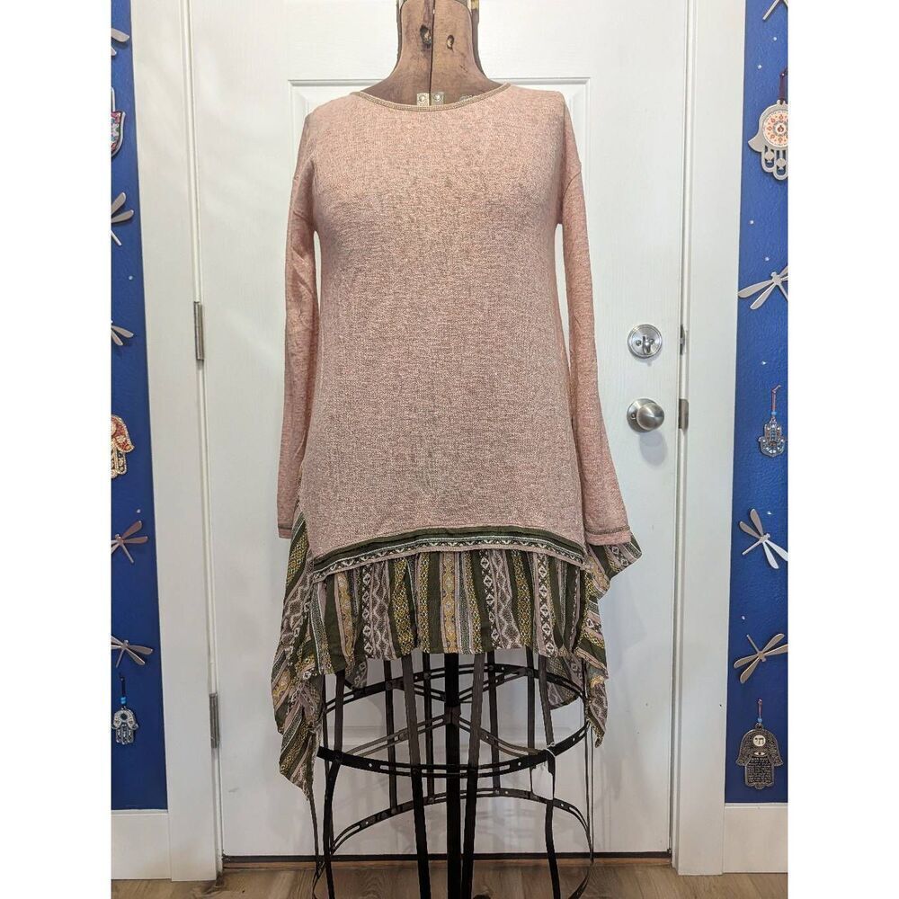 Oddy Boho Tribal Shark Bite Hem Tunic Top Long Sleeve Women's Medium Pink Green